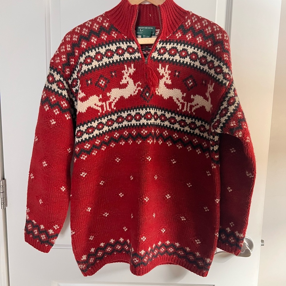 Ralph Lauren Handknit Sweater 1/4 Zip Red Wool Lambswool Womens Medium Vintage